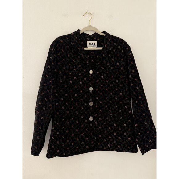 Flax Women's Black Floral print Corduroy Button Down Top Size Medium Bohemian - Picture 1 of 5